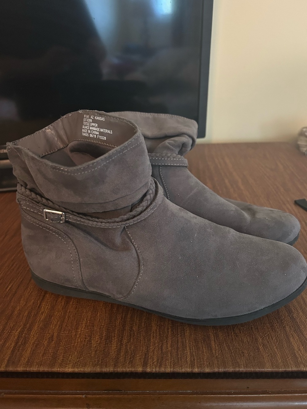 Women's Gray Suede Ankle Boots with Braided Strap